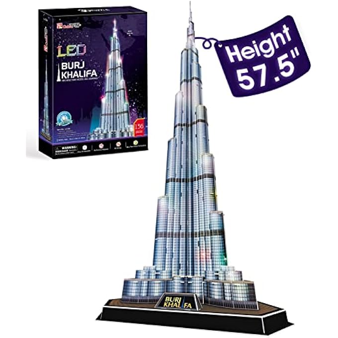 ألغاز ثلاثية الأبعاد LED برج خليفة دبي 57.5" ارتفاع نموذج معماري لمجموعات البنايات للبالغين، زينة تذكارية وهدايا عيد ميلاد للرجال والنساء، أطول برج 136 قطعة، 5523215 - Image 1